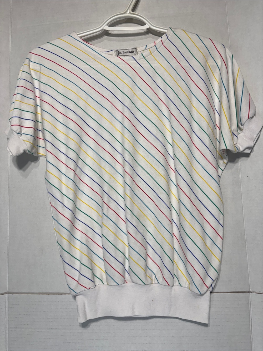 Vintage 80s j.s. fashion White Short Sleeve Rainbow Stripe Ringer T-shirt